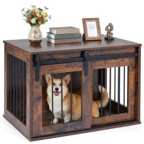31.5" Dog Crate Furniture With Sliding Barn Door, Wooden Dog Kennel End Table For Indoor Use - Rustic Brown